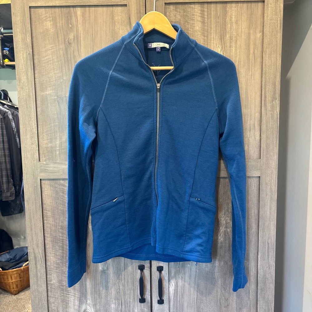 Ibex Medium Blue 100% Merino Wool Full Zip Jacket Mock Neck Made in USA Blue